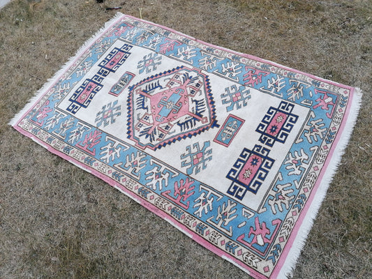 Turkish blue wool rug 4 x 6 vintage rug, handmade oushak rug