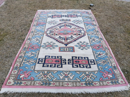 Turkish blue wool rug 4 x 6 vintage rug, handmade oushak rug