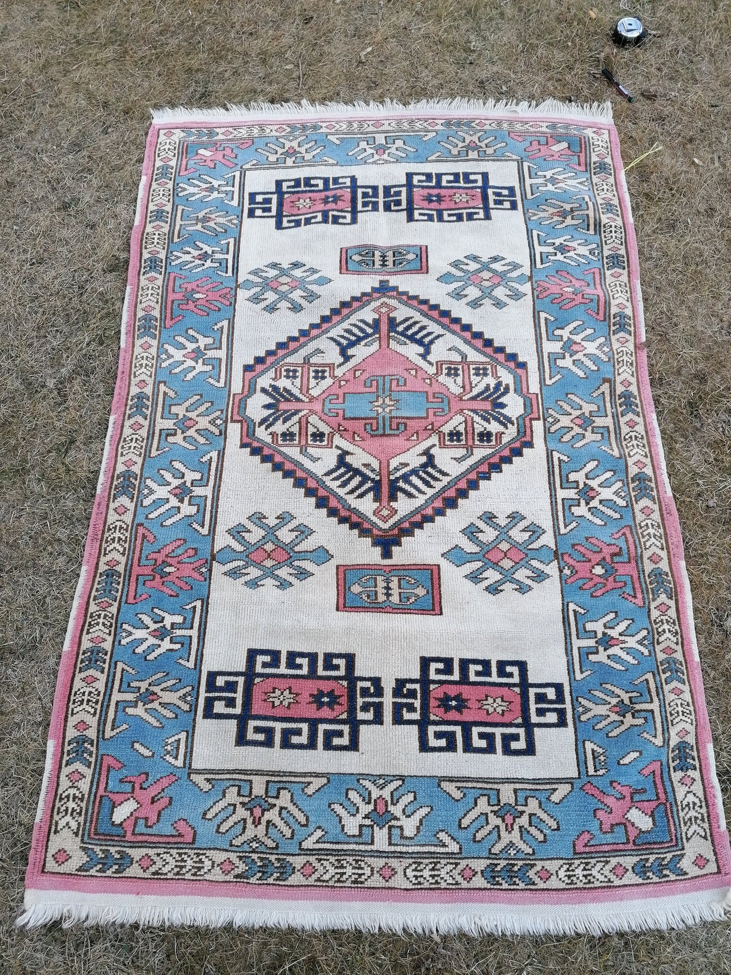 Turkish blue wool rug 4 x 6 vintage rug, handmade oushak rug
