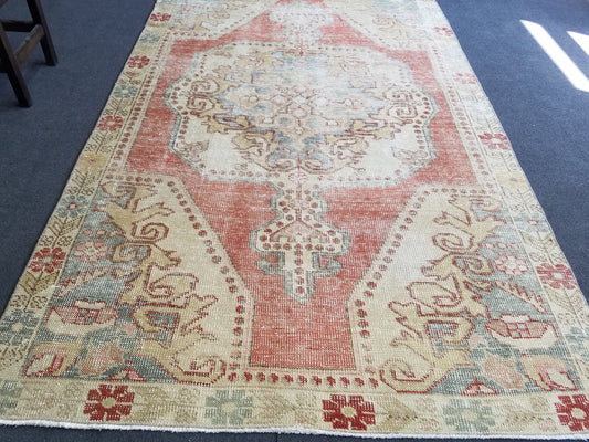 4.4 x 7.3 Distressed vintage wool rug, turkish handmade rug  oushak rug,