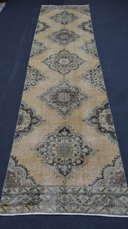 3.4 x 12.6 Turkish runner rug, distressed vintage wool runner hallway oushak runner,