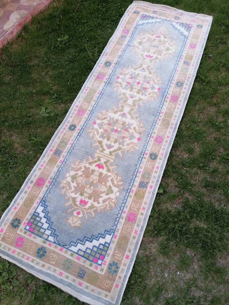 2.10 x 8.10 blue turkish oushak runner, hallway handmade runner