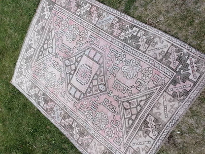Vintage wool rug, mute vintage handmade wool rug, 4 x 5.4 turkish rug, oushak hand made rug,