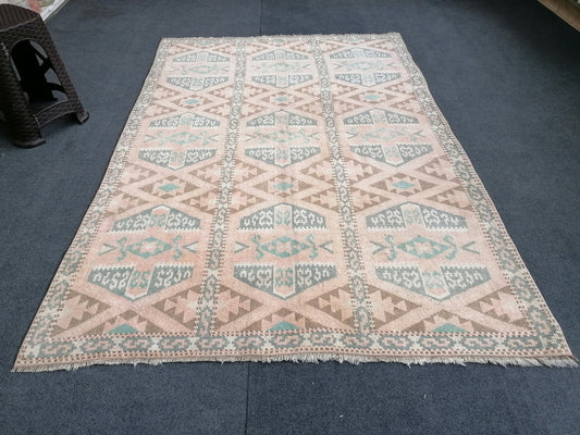4.10 x 7 turkish wool rug, vintage green dollar rug, vintage oushak runner rug,
