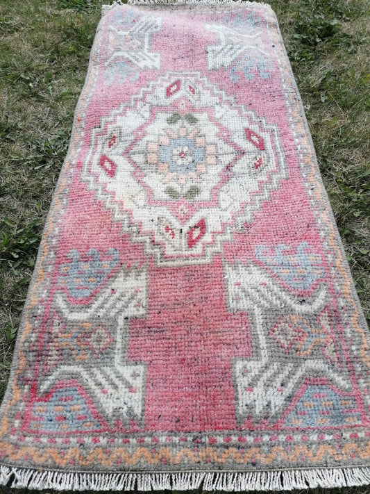 1.4 x 3.3 Turkish small rug,vintage rug oushak rug,unique handmade