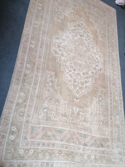 7 x 12.3 large oushak rug, pastel living room handmade rug, vintage turkish wool rug