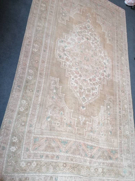 7 x 12.3 large oushak rug, pastel living room handmade rug, vintage turkish wool rug