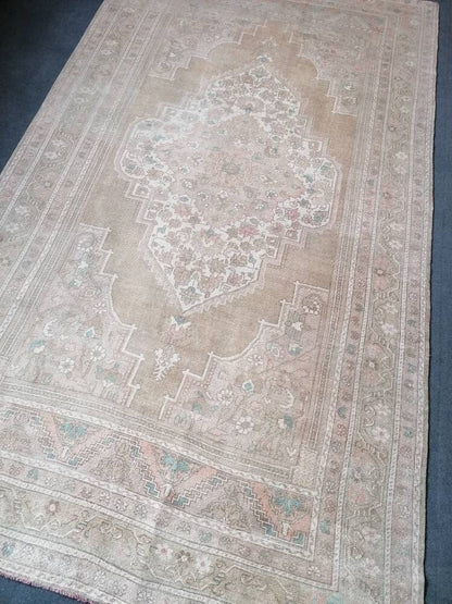 7 x 12.3 large oushak rug, pastel living room handmade rug, vintage turkish wool rug