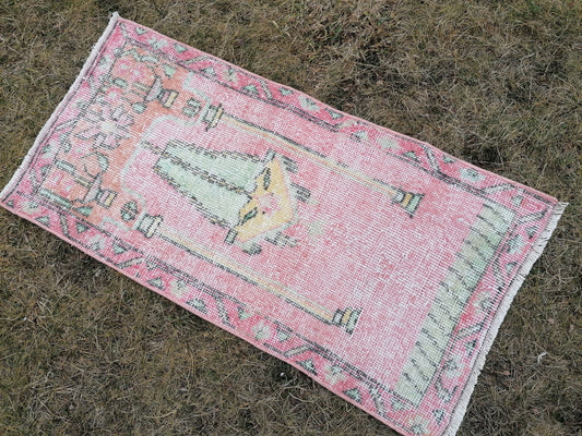 Muted soft pink colors 3'5x1'10 small rug, turkish rug, vintage turkish small rug, oushak vintage rug, anatolian rug,  hand made bohemian