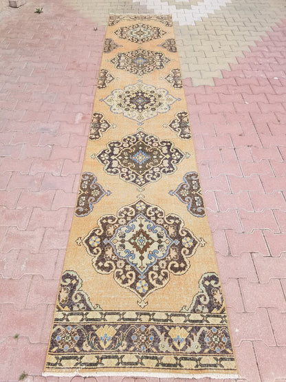 2.6 x 13.3 Turkish runner rug, vintage oushak runner rug, unique handmade rug, kitchen runner rug