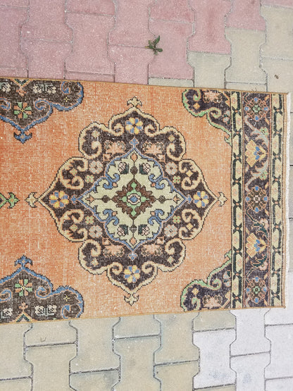 2.6 x 13.3 Turkish runner rug, vintage oushak runner rug, unique handmade rug, kitchen runner rug