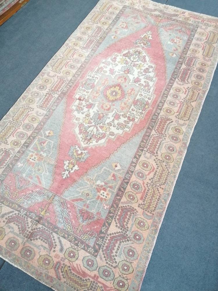 4.7 x 9 Pastel vintage wool rug oushak hand made rug, Hand-knotted rug