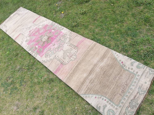 Oushak runner rug, vintage oushak runner 2.7 x 11 natural hand made wool runner,