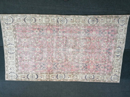 Vintage pink rug 4.6 x 8 blue vintage turkish rug, oushak rug