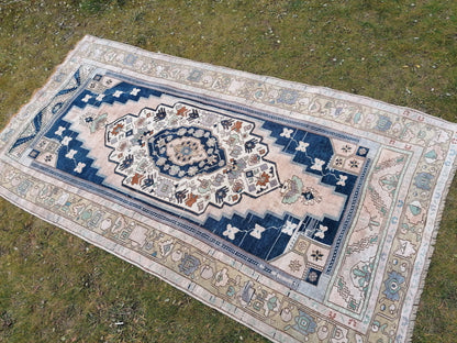 Turkish oushak rug, blue vintage rug 5.2 x 10 vintage oushak rug, hand made rug