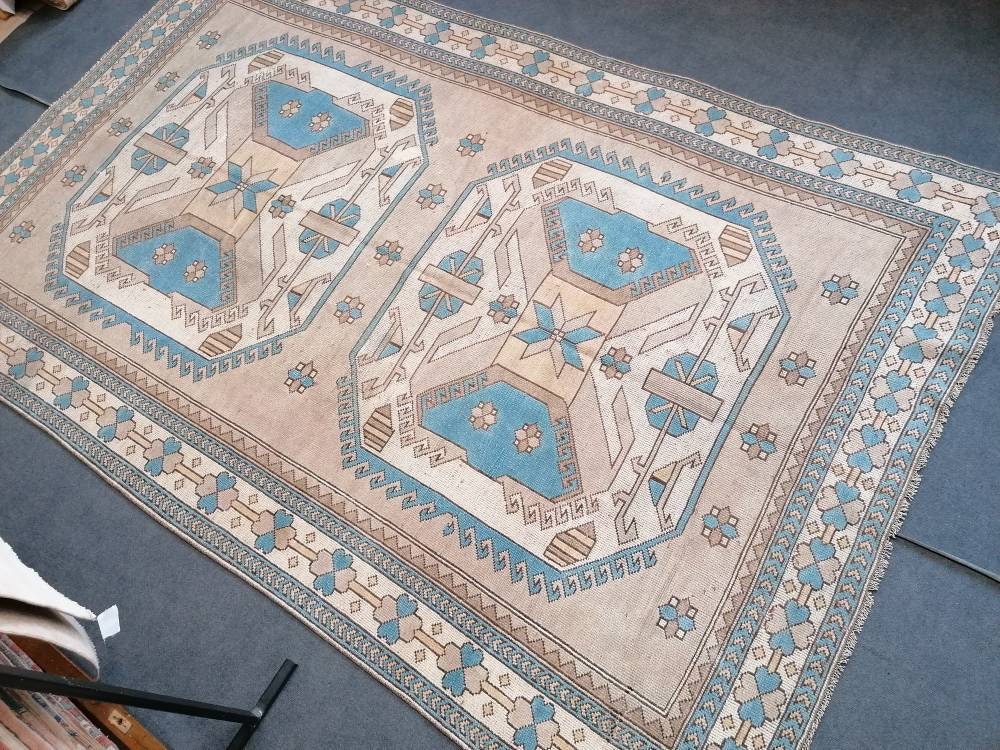 7 x 10.8 large area oushak rug, living room hand made rugs vintage blue turkish wool rug