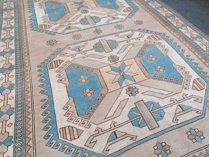 7 x 10.8 large area oushak rug, living room hand made rugs vintage blue turkish wool rug