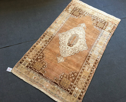 3.5 x 6 muted color natural wool handmade bedroom rug, vintage rug
