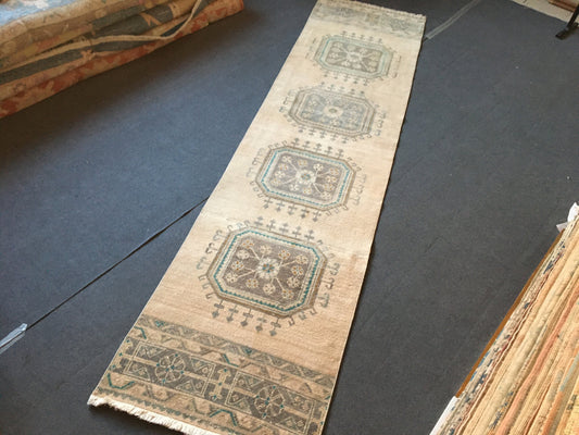 3x10 feet handmade turkish anatolian long runner rug, vintage oushak muted overlong corridor runner, wool antique faded hallwahy runner rug