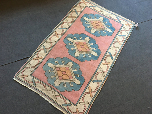 3x5 ft pink wool handmade turkish rug, oushak vintage blue rug, bedroom floor rug, wide faded color bohemian kitchen area rug, kid large rug