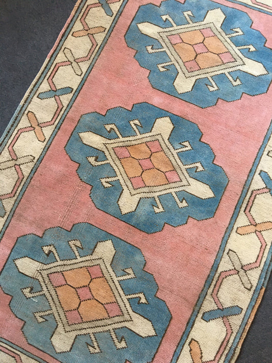 3x5 ft pink wool handmade turkish rug, oushak vintage blue rug, bedroom floor rug, wide faded color bohemian kitchen area rug, kid large rug