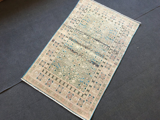 3x4 feet turkish destroyed rug, vintage old bedroom rug, handmade medium size area rug, oushak green kitchen rug, wool living room floor rug