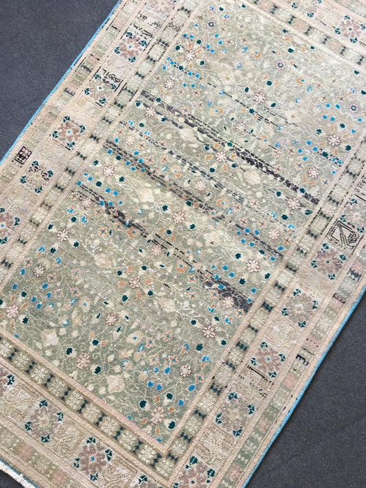3x4 feet turkish destroyed rug, vintage old bedroom rug, handmade medium size area rug, oushak green kitchen rug, wool living room floor rug
