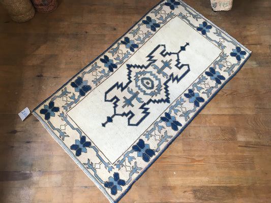 2x4 feet oushak small rug, vintage blue hand made small rug, faded color living room rug, small white anatolian rug, small kitchen area rugs