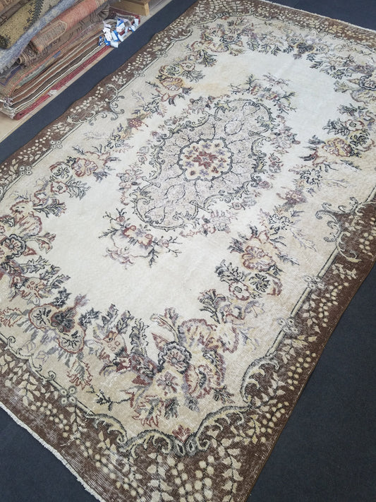 7x10 feet large oushak wool rug, turkish handmade oversize area rug, muted living room rug, vintage dining room wool rug,kids room large rug