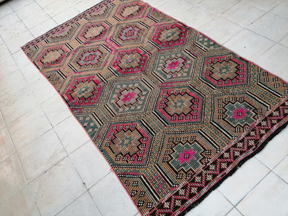 8.6 x 4.10 Flatwoven with embroidery rug turkish handmade rugs vintage turkish rug oushak rug, wool rug