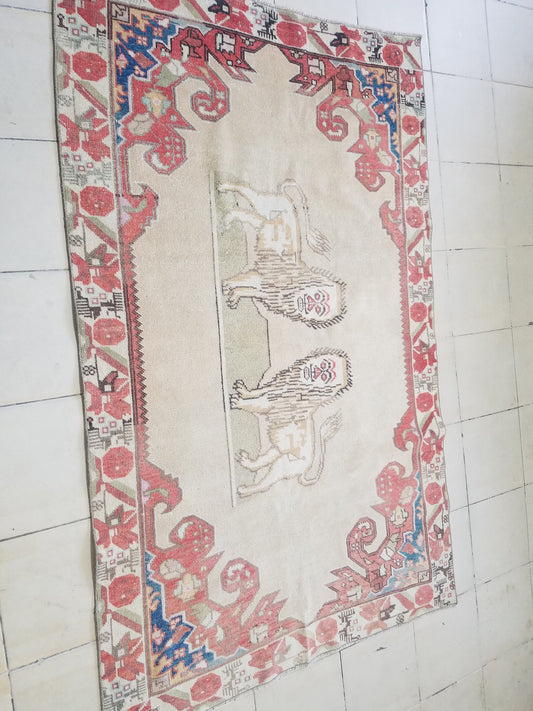 4.4 x 7 Lion oushak handmade wool rug  turkish rug vintage rug,
