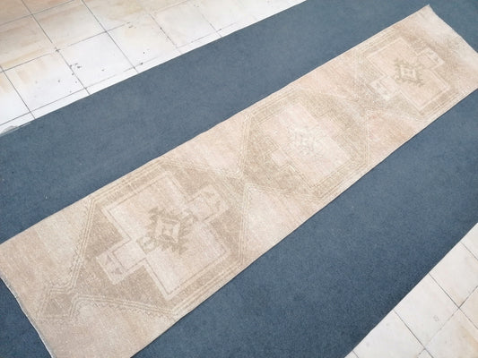2.8 x 11.8 oushak runner rug, muted vintage runner rug, Neutral turkish runner rug, handmade rug