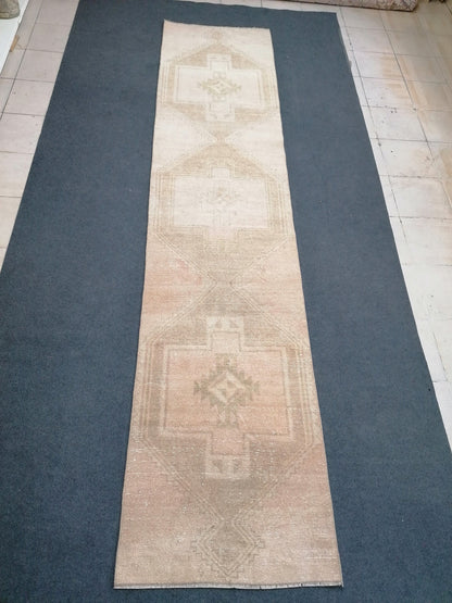 2.8 x 11.8 oushak runner rug, muted vintage runner rug, Neutral turkish runner rug, handmade rug