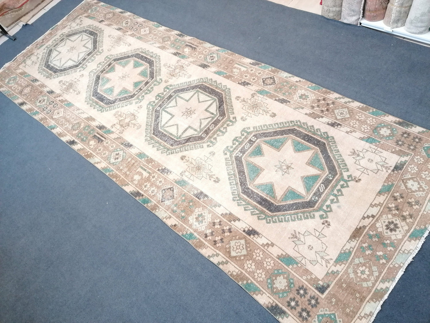 4.8 x 12.7 oushak turkish runner rug, vintage turkish runner rug, oushak vintage rug,