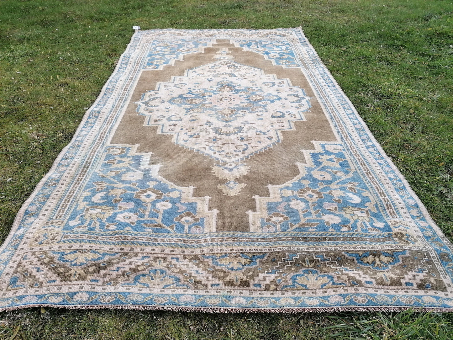 Vintage turkish rug 4.9 x 8.8 blue anatolian wool rug, are oushak rug,