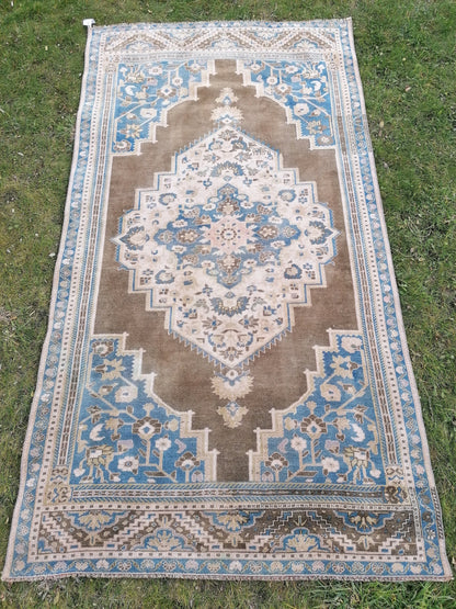 Vintage turkish rug 4.9 x 8.8 blue anatolian wool rug, are oushak rug,