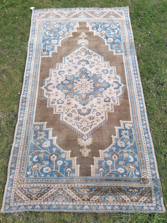 Vintage turkish rug 4.9 x 8.8 blue anatolian wool rug, are oushak rug,