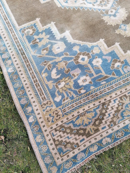 Vintage turkish rug 4.9 x 8.8 blue anatolian wool rug, are oushak rug,