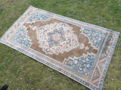 Vintage turkish rug 4.9 x 8.8 blue anatolian wool rug, are oushak rug,