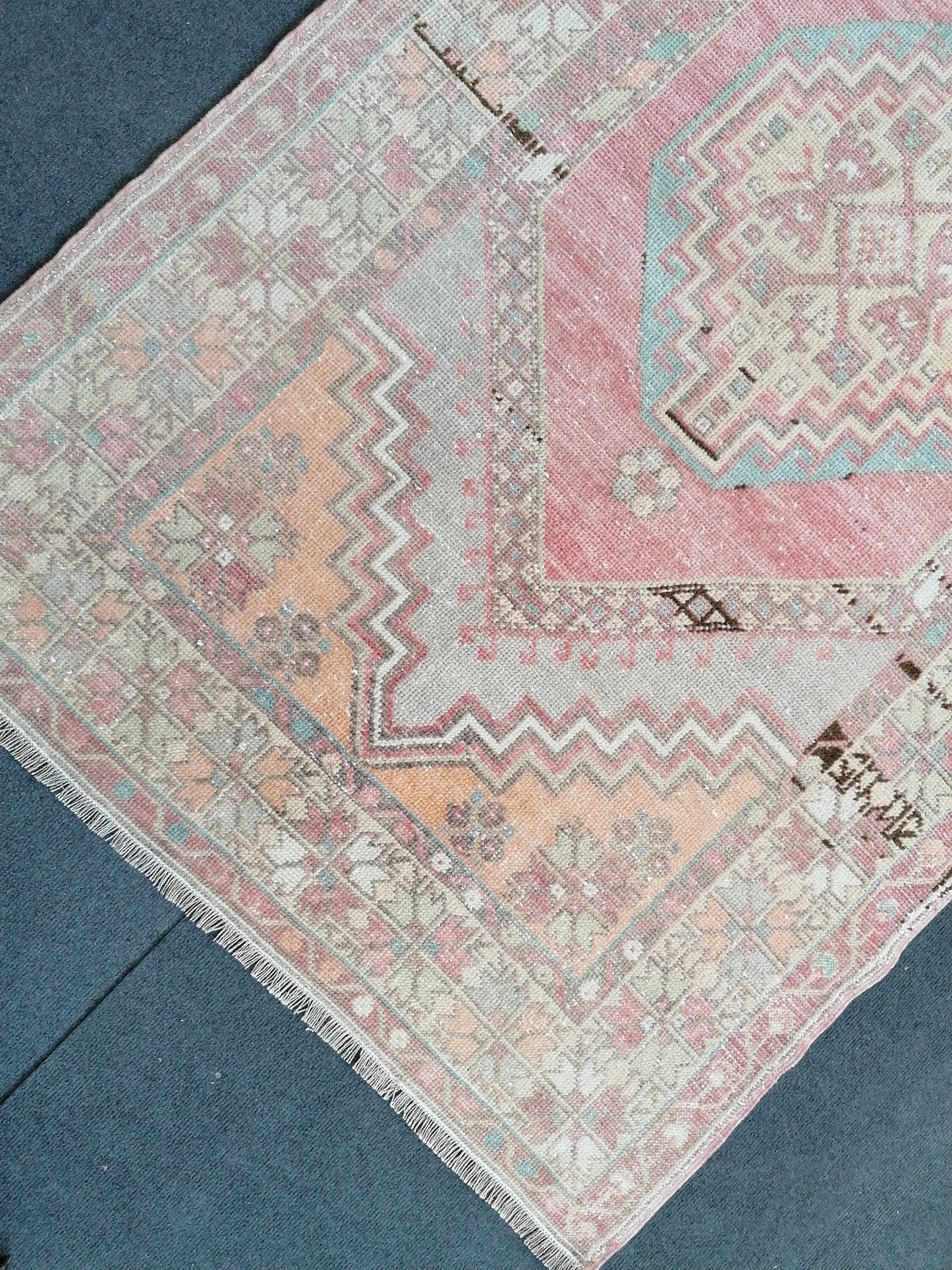 3.7 x 6.6 pastel vintage handmade wool rug, turkish rug, oushak vintage rug,