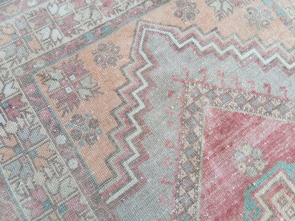 3.7 x 6.6 pastel vintage handmade wool rug, turkish rug, oushak vintage rug,