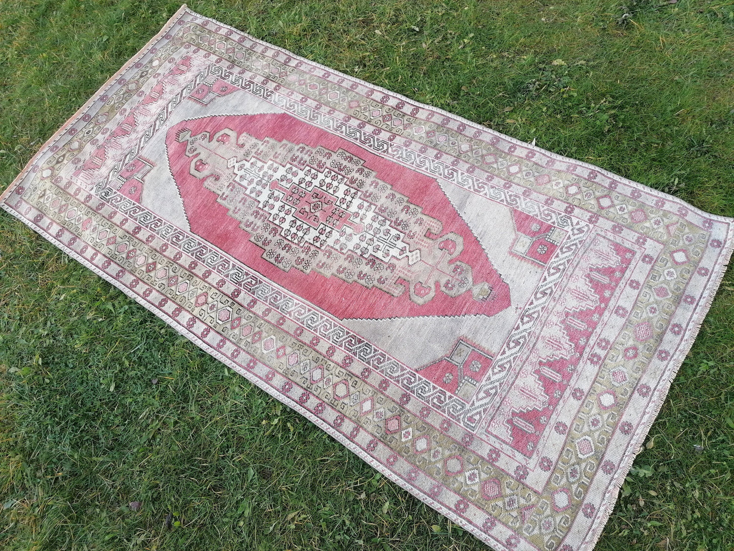 4.3 x 8.6 turkish pastel oushak rug, green vintage wool rug, handmade