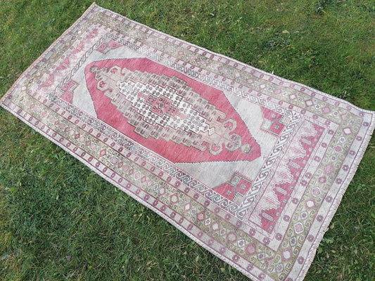 4.3 x 8.6 turkish pastel oushak rug, green vintage wool rug, handmade