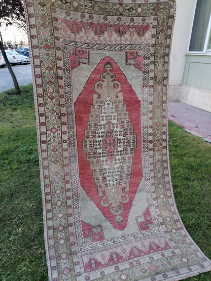 4.3 x 8.6 turkish pastel oushak rug, green vintage wool rug, handmade