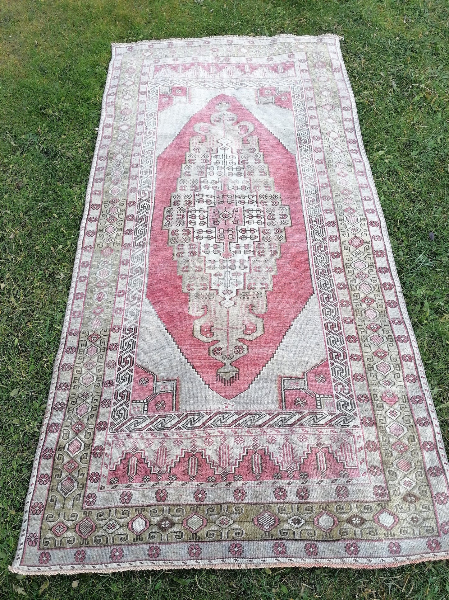 4.3 x 8.6 turkish pastel oushak rug, green vintage wool rug, handmade