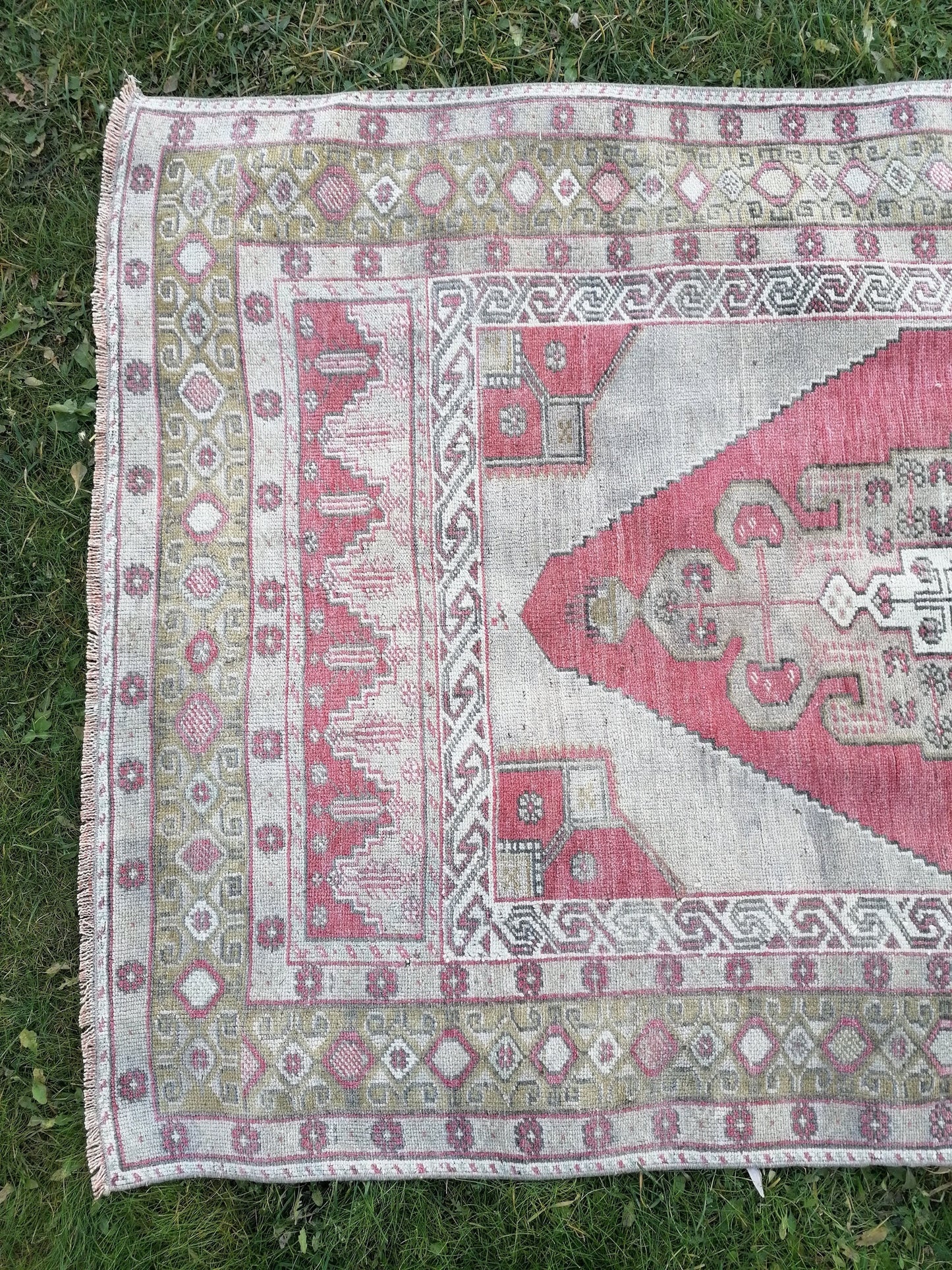 4.3 x 8.6 turkish pastel oushak rug, green vintage wool rug, handmade
