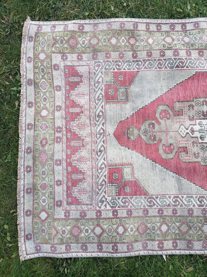 4.3 x 8.6 turkish pastel oushak rug, green vintage wool rug, handmade