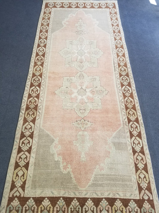 3.9 x 9.5 Turkish oushak rug,muted runner rug, pastel vintage wool rug,turkish handmade