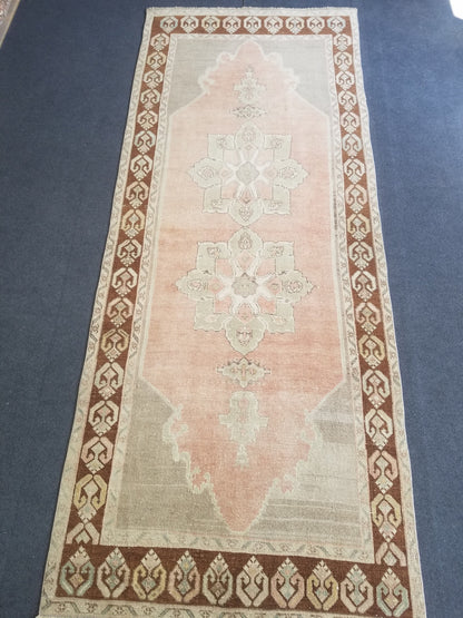 3.9 x 9.5 Turkish oushak rug,muted runner rug, pastel vintage wool rug,turkish handmade