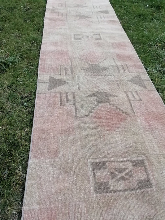 2.3 x 9 Vintage rug pastel vintage oushak rug, faded unique handmade runner rug,